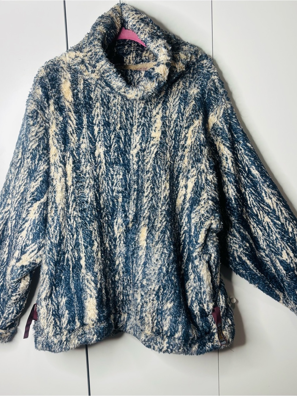 Kapital Plush Cowl Neck Sweater in Blue and Cream - Picture 2 of 5